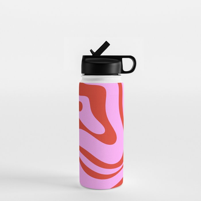 Modern Retro Liquid Swirl Abstract Pattern Square Red and Pink Water Bottle Gallery Image 1