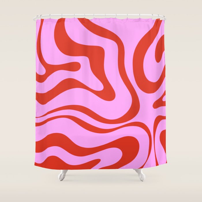 Modern Retro Liquid Swirl Abstract Pattern Square Red and Pink Shower Curtain Gallery Image 1