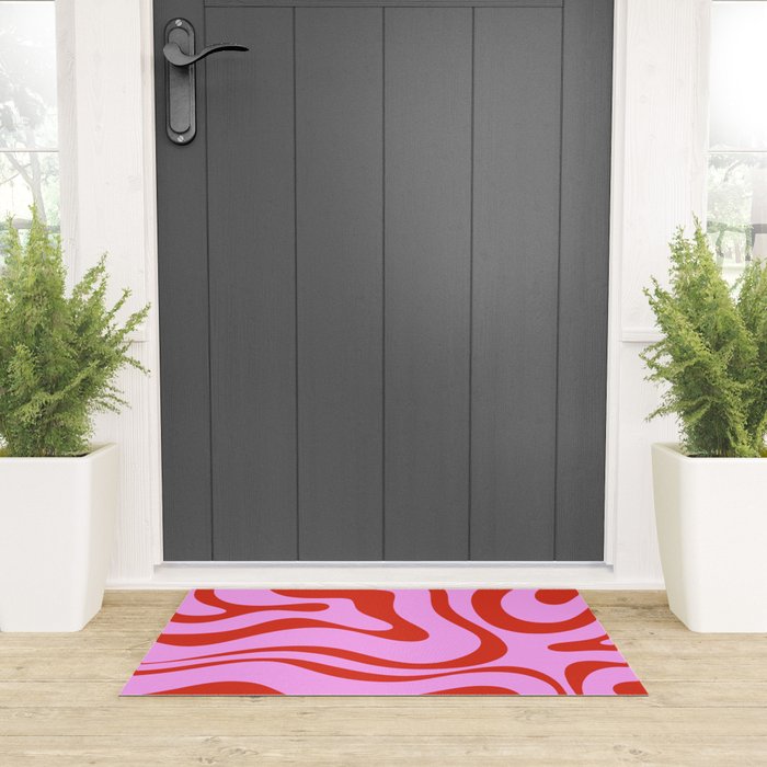 Modern Retro Liquid Swirl Abstract Pattern Square Red and Pink Welcome Mat Gallery Image 3