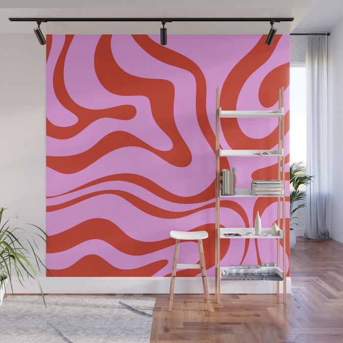 Modern Retro Liquid Swirl Abstract Pattern Square Red and Pink Wall Mural Gallery Image 1