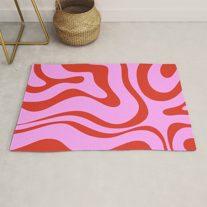 Modern Retro Liquid Swirl Abstract Pattern Square Red and Pink Rug Gallery Image 1