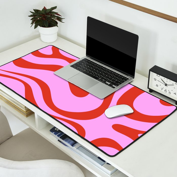 Modern Retro Liquid Swirl Abstract Pattern Square Red and Pink Desk Mat Gallery Image 2