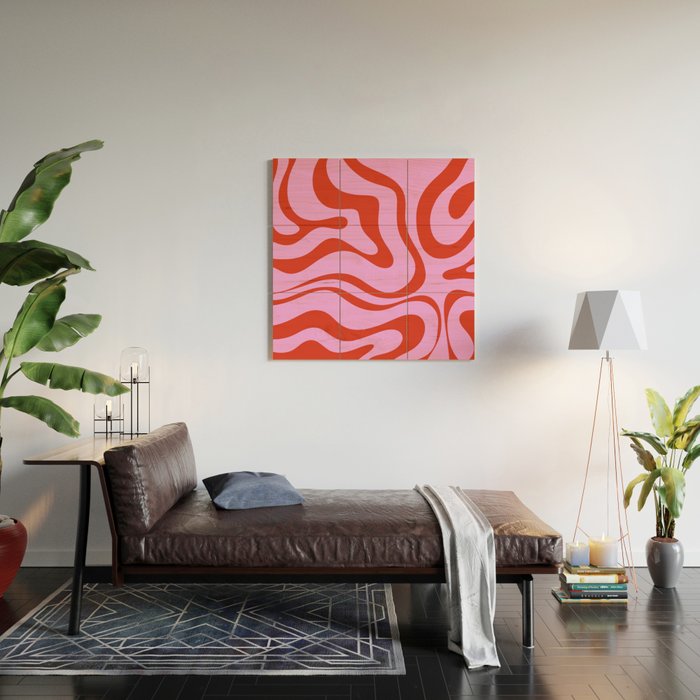 Modern Retro Liquid Swirl Abstract Pattern Square Red and Pink Wood Wall Art Gallery Image 2