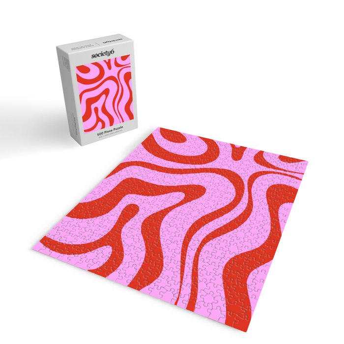 Modern Retro Liquid Swirl Abstract Pattern Square Red and Pink Jigsaw Puzzle Gallery Image 2