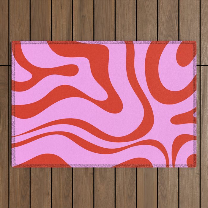 Modern Retro Liquid Swirl Abstract Pattern Square Red and Pink Outdoor Rug Gallery Image 1
