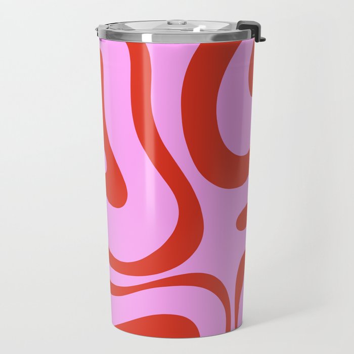 Modern Retro Liquid Swirl Abstract Pattern Square Red and Pink Travel Mug Gallery Image 2