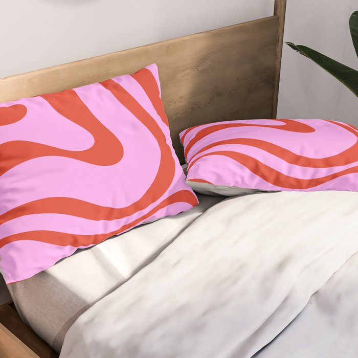 Modern Retro Liquid Swirl Abstract Pattern Square Red and Pink Pillow Sham Gallery Image 2