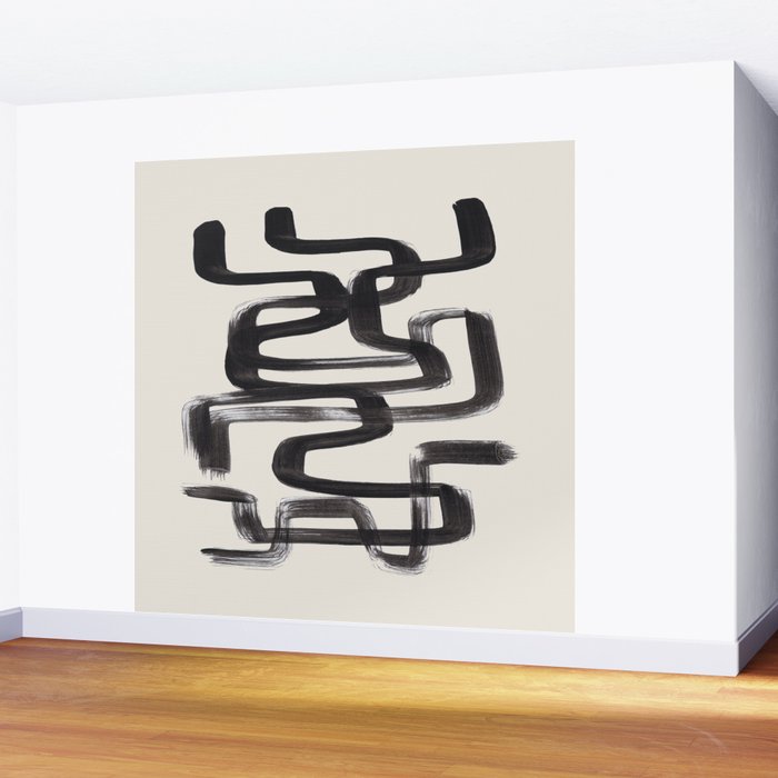 Mid Century Modern Minimalist Abstract Art Brush Strokes Black & White Ink Art Pipe Maze Wall Mural Gallery Image 2