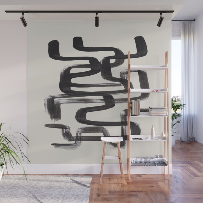 Mid Century Modern Minimalist Abstract Art Brush Strokes Black & White Ink Art Pipe Maze Wall Mural Gallery Image 1