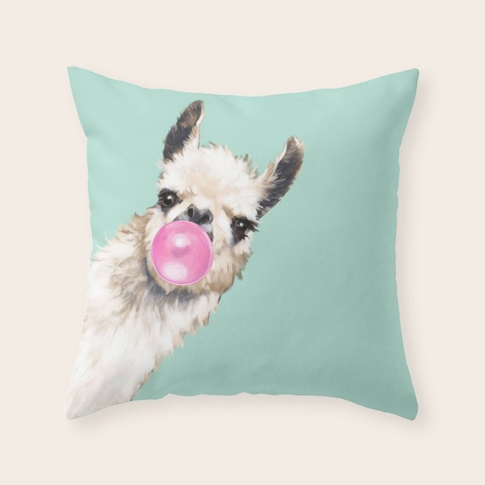 Bubblegum Sneaky Llama in Green Throw Pillow Gallery Image 6