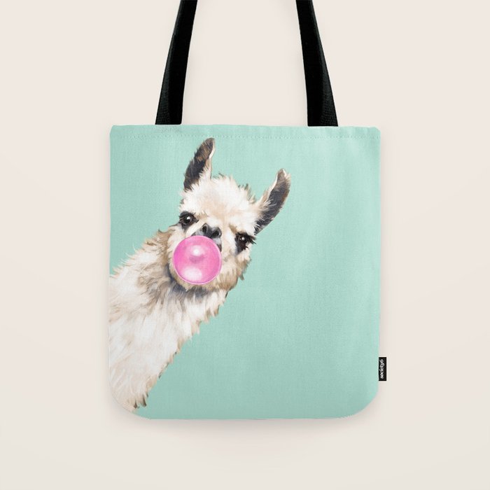 Bubblegum Sneaky Llama in Green Tote Bag Gallery Image 1