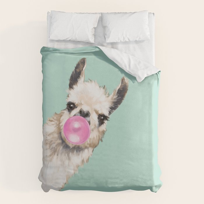 Bubblegum Sneaky Llama in Green Duvet Cover Gallery Image 6