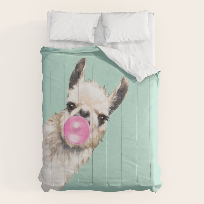 Bubblegum Sneaky Llama in Green Comforter Gallery Image 1