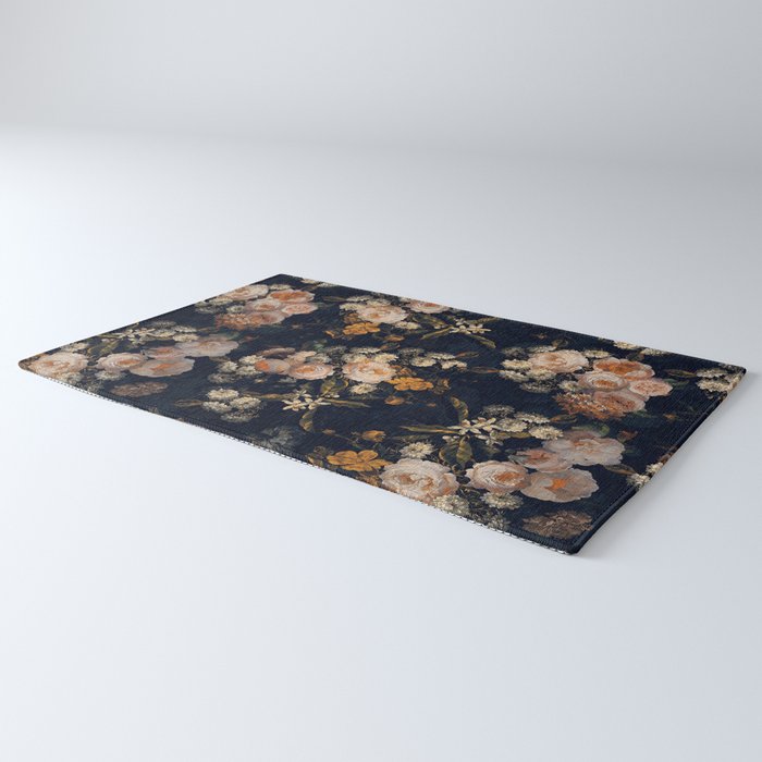 Antique Botanical Peach Roses And Chamomile Midnight Garden Rug Gallery Image 3