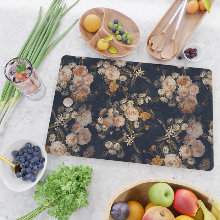 Antique Botanical Peach Roses And Chamomile Midnight Garden Cutting Board Gallery Image 2