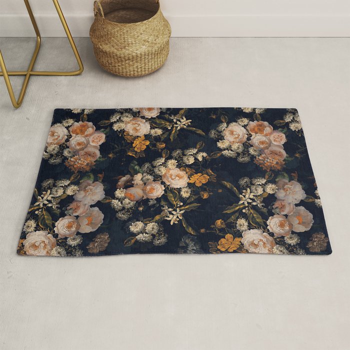 Antique Botanical Peach Roses And Chamomile Midnight Garden Rug Gallery Image 1