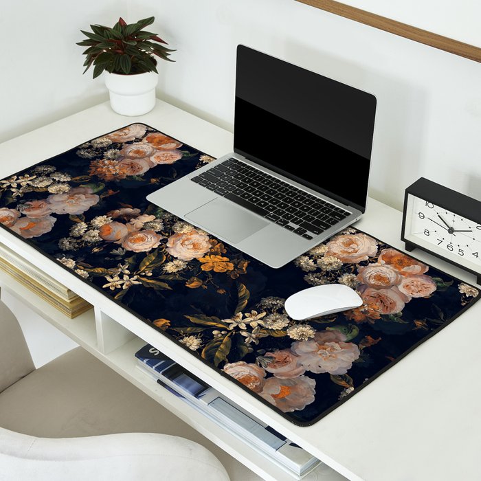 Antique Botanical Peach Roses And Chamomile Midnight Garden Desk Mat Gallery Image 2