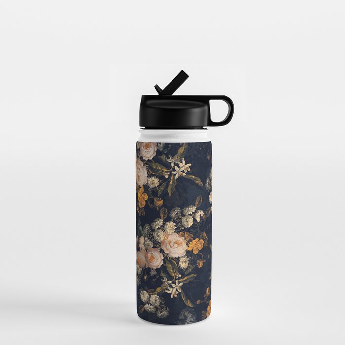 Antique Botanical Peach Roses And Chamomile Midnight Garden Water Bottle Gallery Image 1