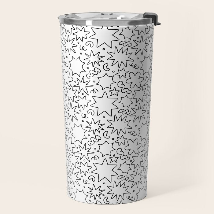 Fun black and white cartoon doodle art pattern Travel Mug Gallery Image 2