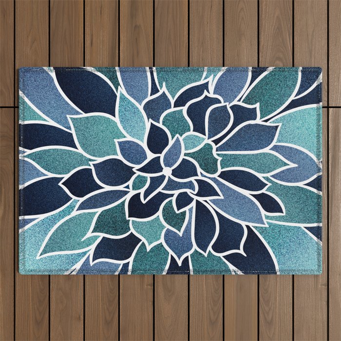 Festive, Flower Bloom, Navy Blue and Teal Outdoor Rug Gallery Image 1