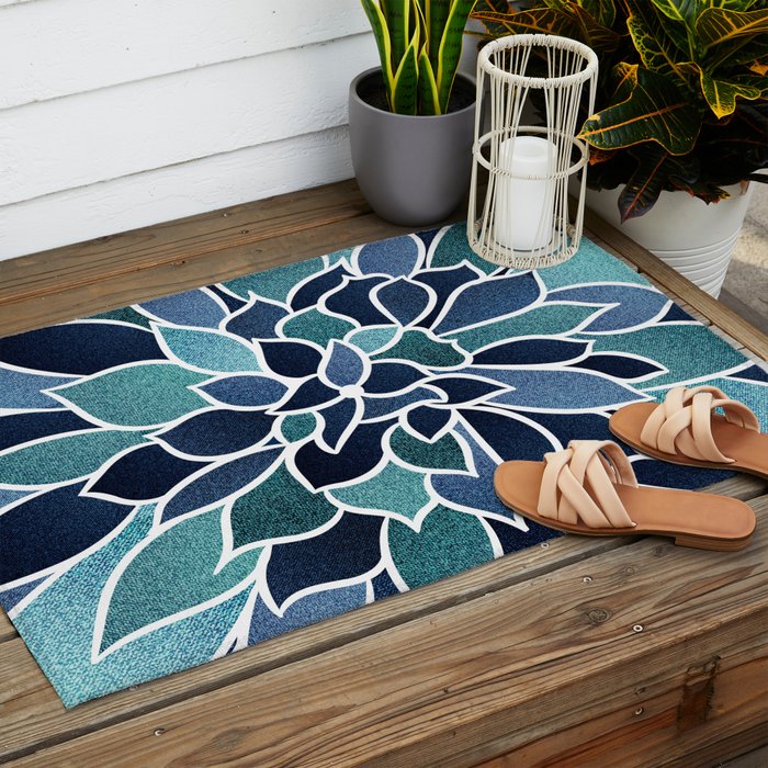 Festive, Flower Bloom, Navy Blue and Teal Outdoor Rug Gallery Image 2