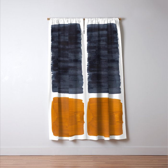 Minimalist Mid Century Modern Colorful Color Field Rothko Navy Blue Yellow Ochre Window Curtain Gallery Image 3