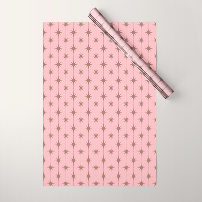 Midcentury Stars and Dots Atomic Pattern in Pink and Mocha Brown Wrapping Paper Gallery Image 1