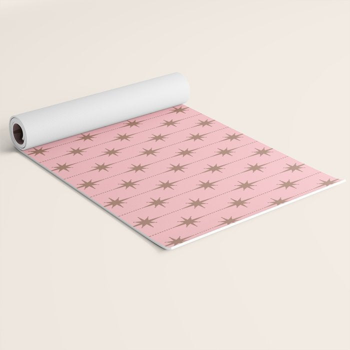 Midcentury Stars and Dots Atomic Pattern in Pink and Mocha Brown Yoga Mat Gallery Image 2