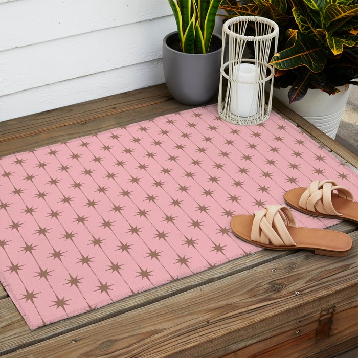 Midcentury Stars and Dots Atomic Pattern in Pink and Mocha Brown Outdoor Rug Gallery Image 2