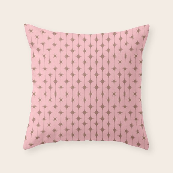 Midcentury Stars and Dots Atomic Pattern in Pink and Mocha Brown Throw Pillow Gallery Image 1