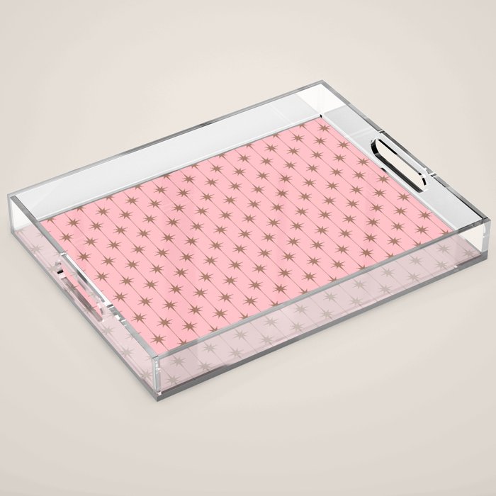 Midcentury Stars and Dots Atomic Pattern in Pink and Mocha Brown Acrylic Tray Gallery Image 1