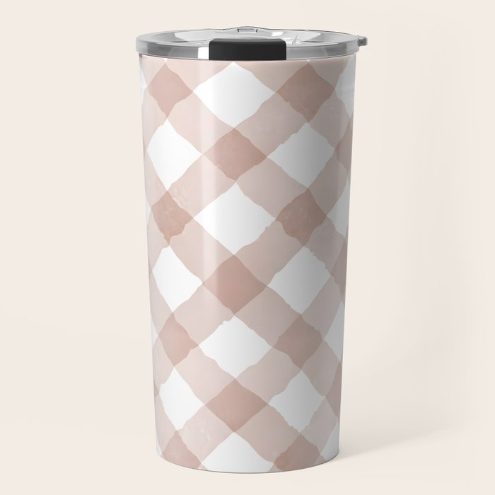 Hand Painted Pink Festive Gingham Theme Travel Mug Gallery Image 1