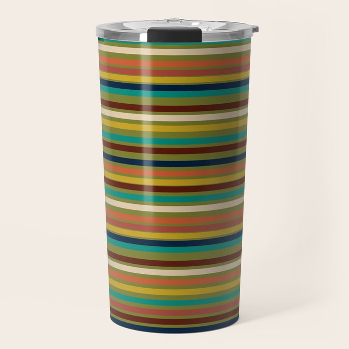 Joseph Stripes - Mid Century Modern Pattern in Mid Mod Mustard, Teal, Navy, Orange, Maroon, Beige, and Olive Travel Mug Gallery Image 1