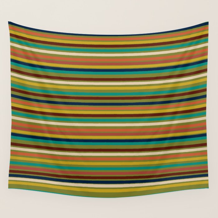 Joseph Stripes - Mid Century Modern Pattern in Mid Mod Mustard, Teal, Navy, Orange, Maroon, Beige, and Olive Wall Tapestry Gallery Image 4