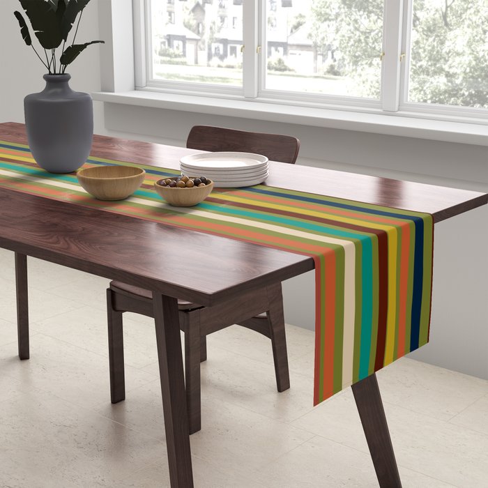 Joseph Stripes - Mid Century Modern Pattern in Mid Mod Mustard, Teal, Navy, Orange, Maroon, Beige, and Olive Table Runner Gallery Image 2