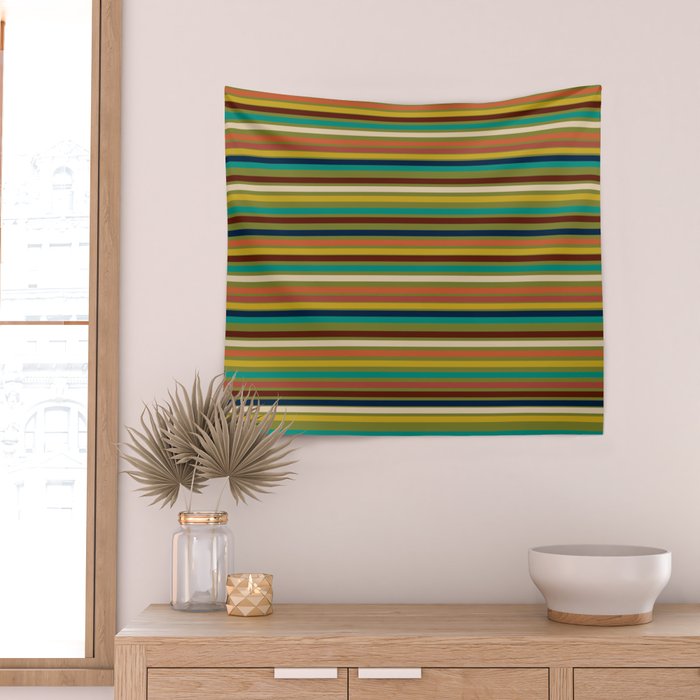 Joseph Stripes - Mid Century Modern Pattern in Mid Mod Mustard, Teal, Navy, Orange, Maroon, Beige, and Olive Wall Tapestry Gallery Image 2