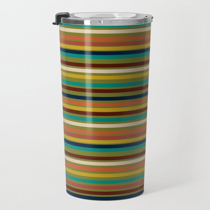 Joseph Stripes - Mid Century Modern Pattern in Mid Mod Mustard, Teal, Navy, Orange, Maroon, Beige, and Olive Travel Mug Gallery Image 3