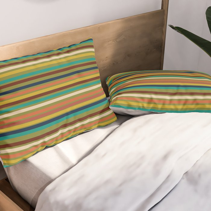 Joseph Stripes - Mid Century Modern Pattern in Mid Mod Mustard, Teal, Navy, Orange, Maroon, Beige, and Olive Pillow Sham Gallery Image 2