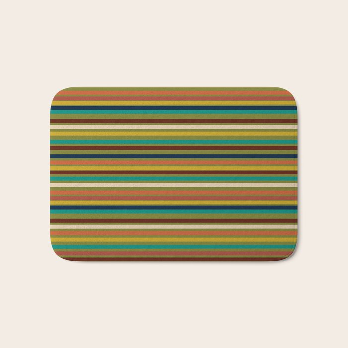 Joseph Stripes - Mid Century Modern Pattern in Mid Mod Mustard, Teal, Navy, Orange, Maroon, Beige, and Olive Bath Mat Gallery Image 1