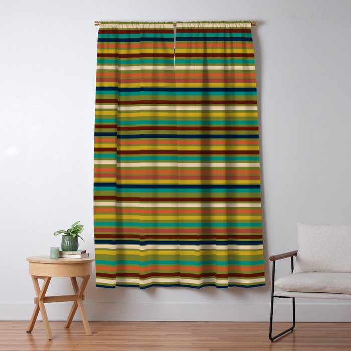 Joseph Stripes - Mid Century Modern Pattern in Mid Mod Mustard, Teal, Navy, Orange, Maroon, Beige, and Olive Window Curtain Gallery Image 5