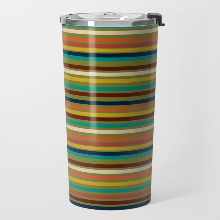 Joseph Stripes - Mid Century Modern Pattern in Mid Mod Mustard, Teal, Navy, Orange, Maroon, Beige, and Olive Travel Mug Gallery Image 2