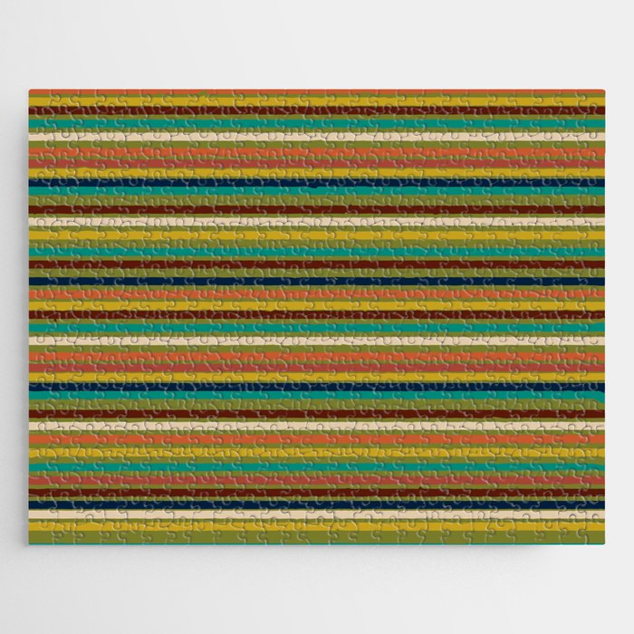 Joseph Stripes - Mid Century Modern Pattern in Mid Mod Mustard, Teal, Navy, Orange, Maroon, Beige, and Olive Jigsaw Puzzle Gallery Image 1