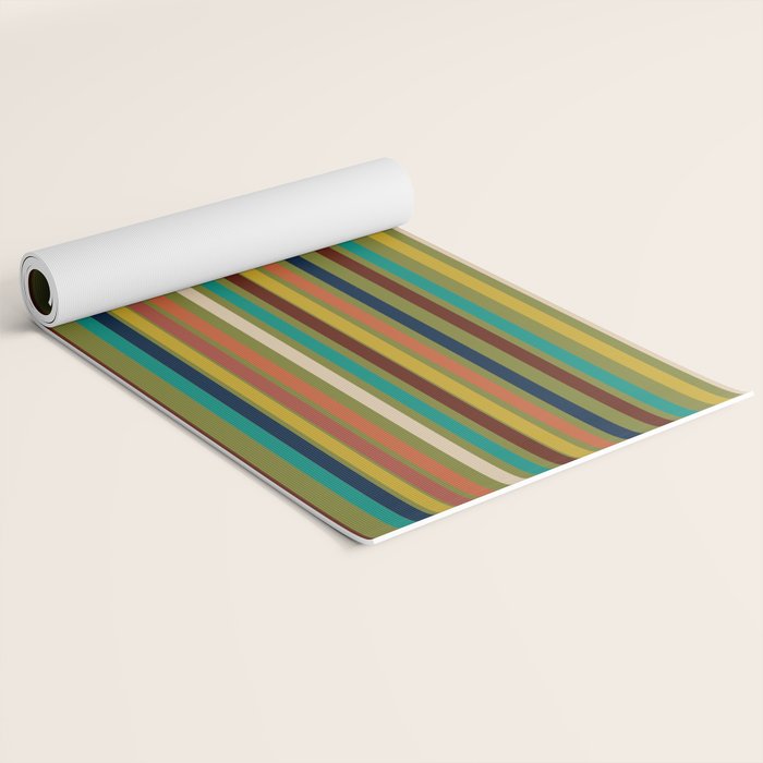 Joseph Stripes - Mid Century Modern Pattern in Mid Mod Mustard, Teal, Navy, Orange, Maroon, Beige, and Olive Yoga Mat Gallery Image 2