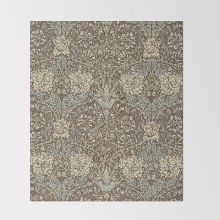 William Morris Vintage Honeysuckle & Tulip Brown Bullrush Slate Floral Throw Blanket Gallery Image 2