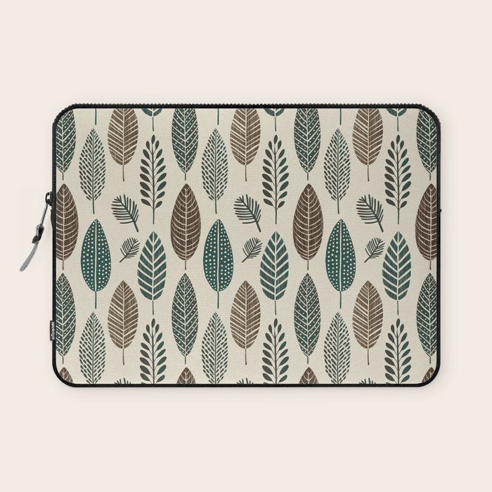 Rustic Autumn Vibe Textured Leaf Pattern Beige Green Laptop Sleeve Gallery Image 1