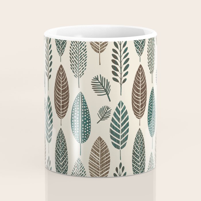 Rustic Autumn Vibe Textured Leaf Pattern Beige Green Coffee Mug Gallery Image 4