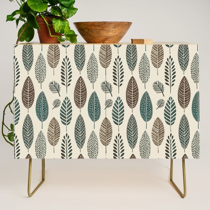 Rustic Autumn Vibe Textured Leaf Pattern Beige Green Credenza Gallery Image 1