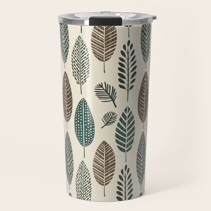Rustic Autumn Vibe Textured Leaf Pattern Beige Green Travel Mug Gallery Image 1