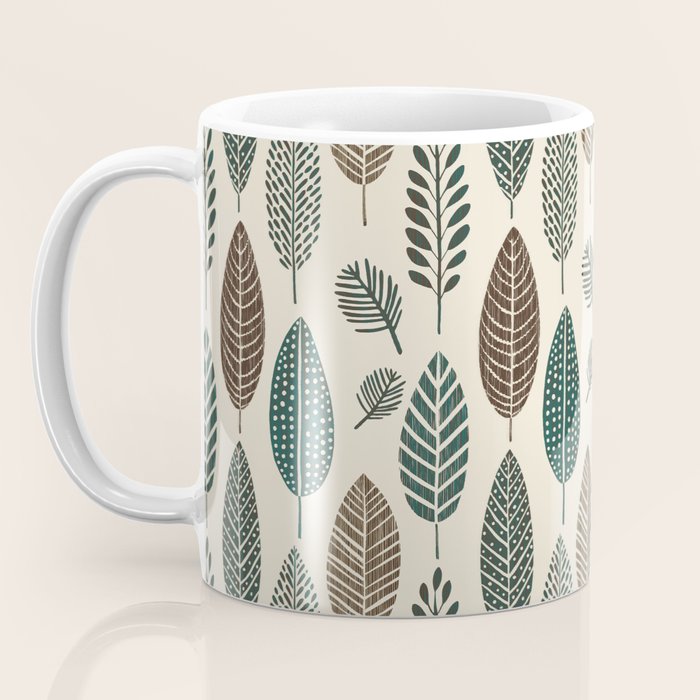 Rustic Autumn Vibe Textured Leaf Pattern Beige Green Coffee Mug Gallery Image 3