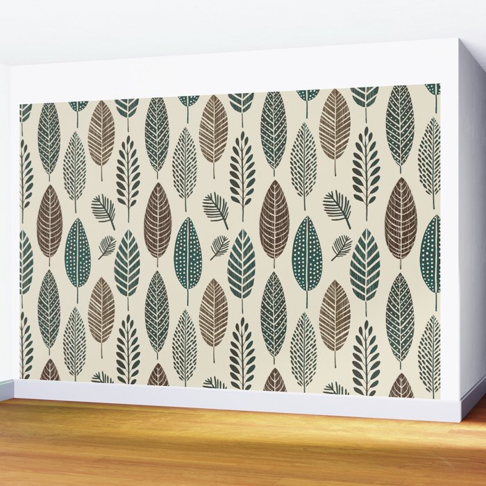 Rustic Autumn Vibe Textured Leaf Pattern Beige Green Wall Mural Gallery Image 2